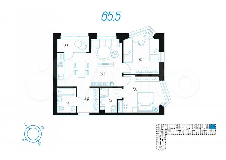 2-к. квартира, 65,5 м², 4/24 эт.