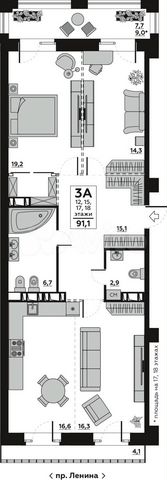 3-к. квартира, 97,7 м², 12/20 эт.
