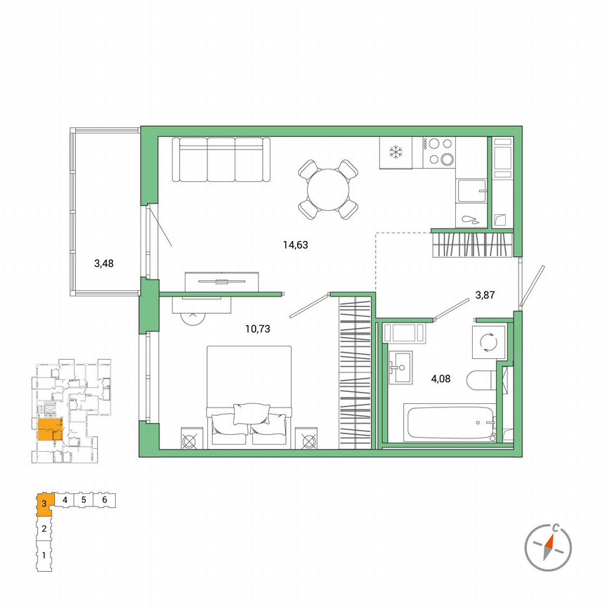 1-к. квартира, 34,4 м², 6/7 эт.