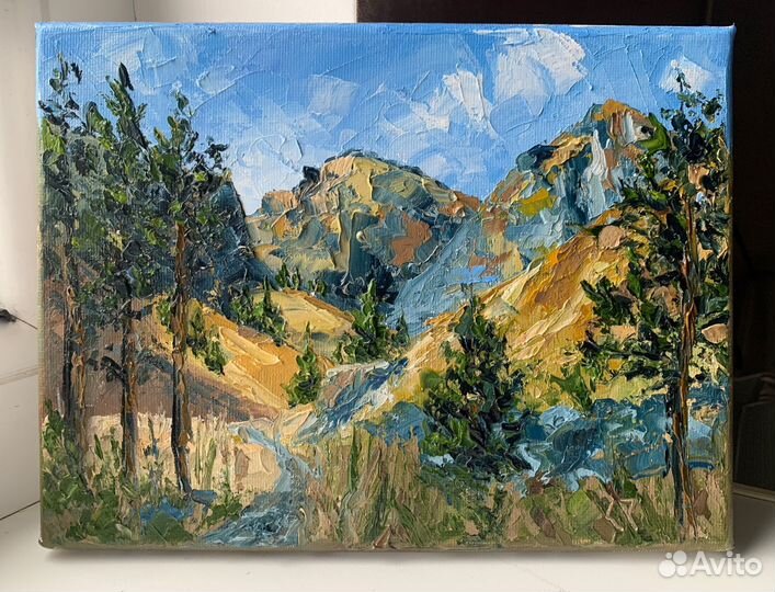 Картина маслом холст горный пейзаж Кавказ Домбай
