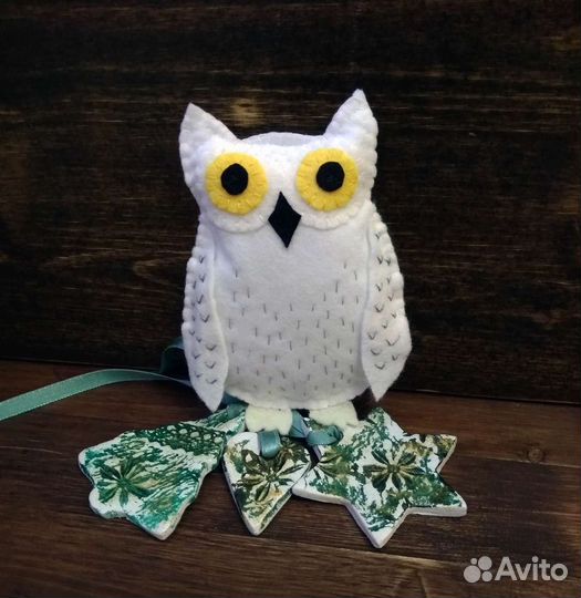 Игрушка Сова Букля белая новогодняя из фетра