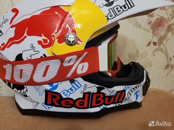 Мото Шлем с очками Кроссовый RedBull Новый Белый