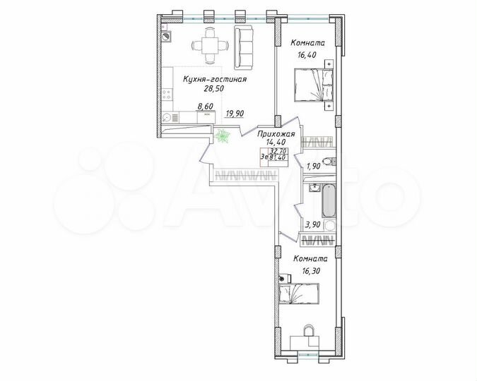 2-к. квартира, 81,4 м², 3/8 эт.