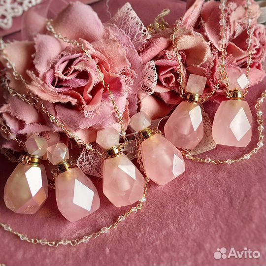 Кулон флакон для духов розовый кварц граненый