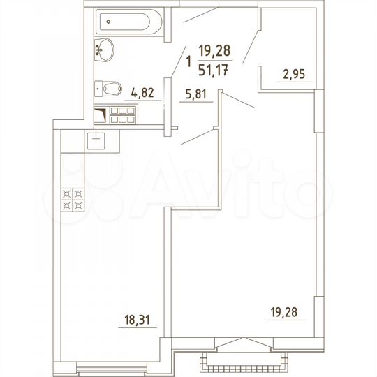 1-к. квартира, 51,2 м², 3/4 эт.