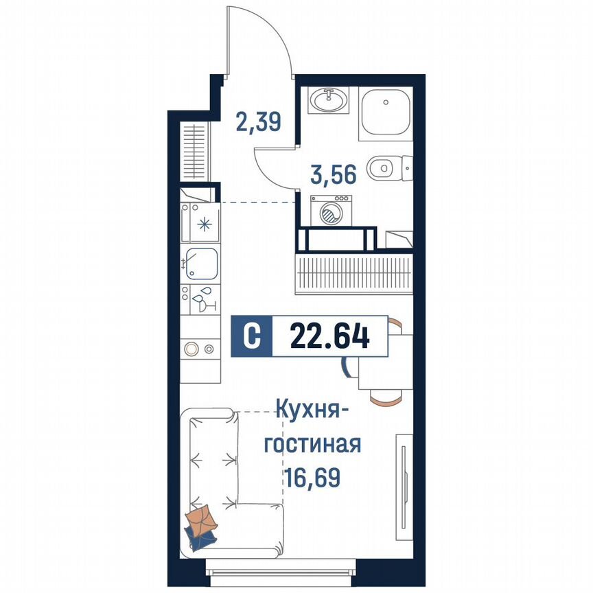 Квартира-студия, 22,6 м², 12/18 эт.