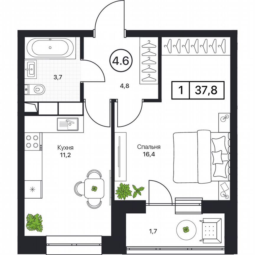 1-к. квартира, 37,8 м², 13/17 эт.