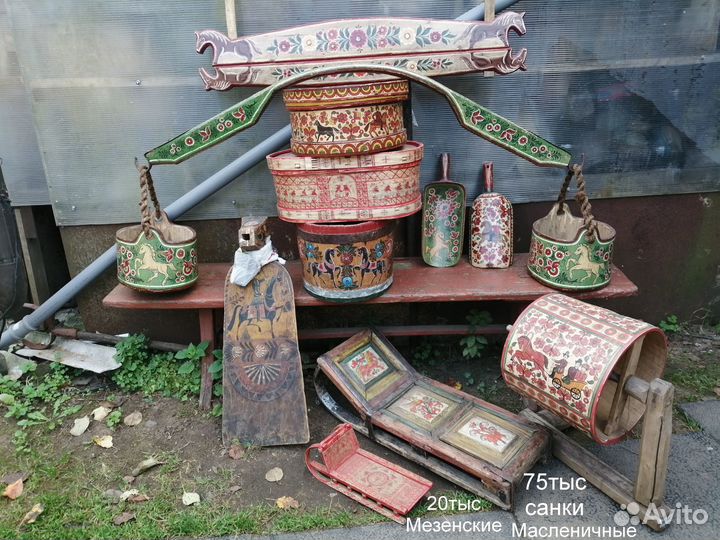 Санки старинные расписные плетеные дровни