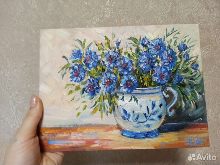 Картина маслом натюрморт цветы васильки