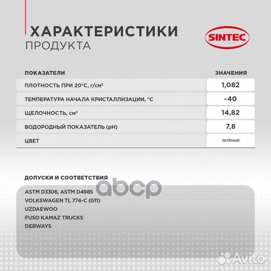 Антифриз Sintec Antifreeze Euro G11 green -40 10кг