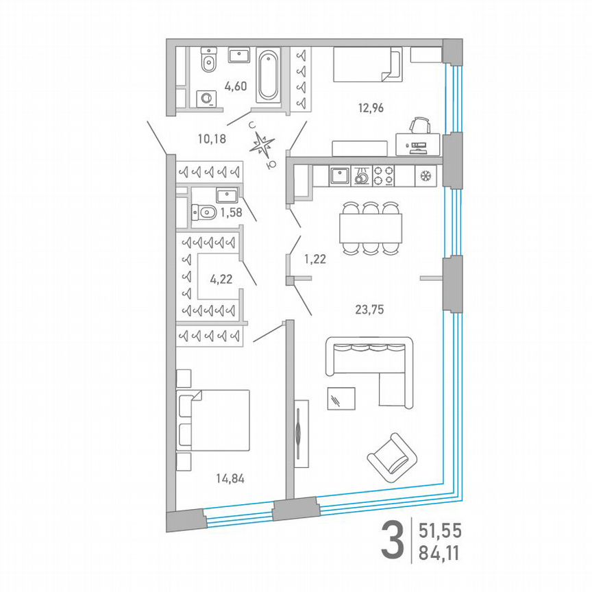 3-к. квартира, 84,1 м², 7/10 эт.