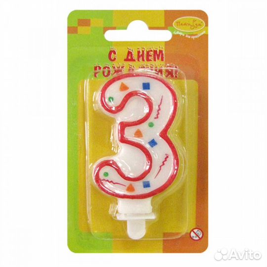 Свеча цифра 3 Красное конфетти 7см, 311253