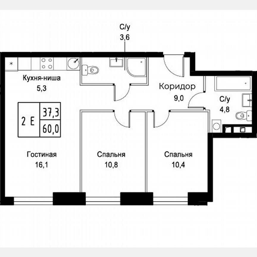 2-к. апартаменты, 60 м², 28/30 эт.