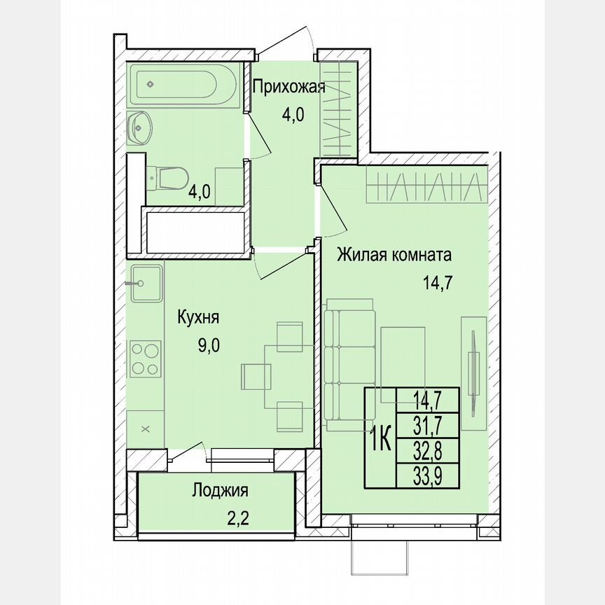 1-к. квартира, 32,9 м², 7/25 эт.