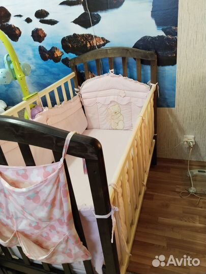 Кроватка+ матрац+ мобиль+ подушка и постельное