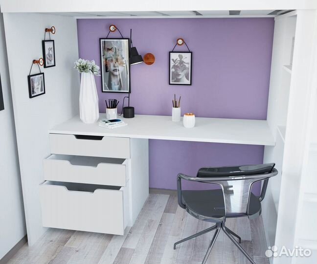 Кровать-чердак Simple со столом и шкафом Белый