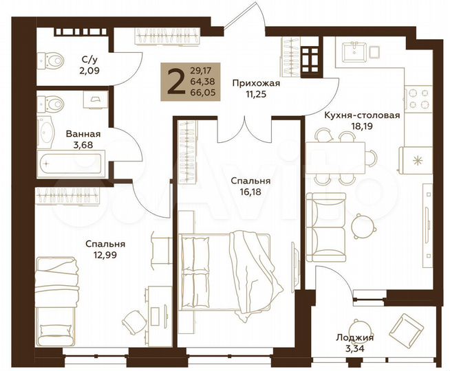 2-к. квартира, 66,1 м², 11/32 эт.