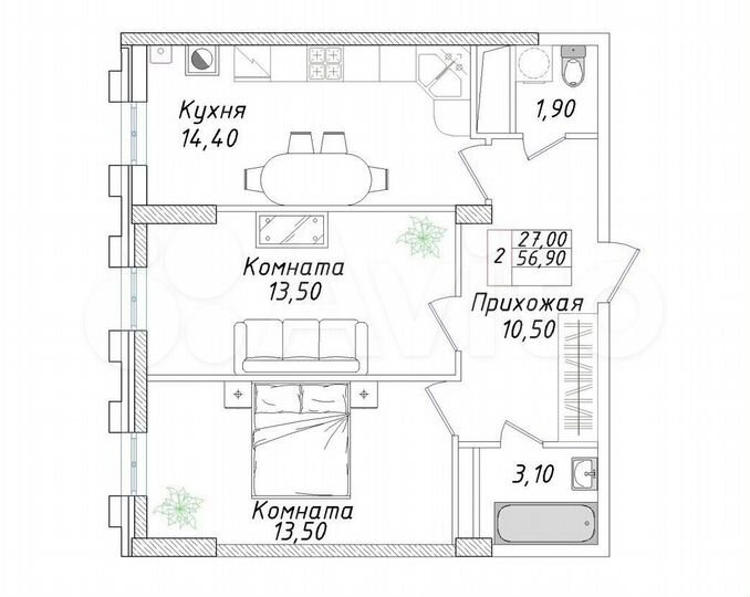2-к. квартира, 56,9 м², 3/8 эт.