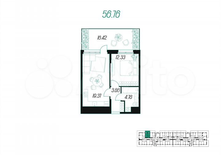 1-к. квартира, 56,8 м², 1/10 эт.
