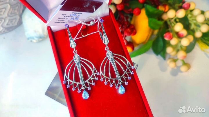 Серьги топазы и аметисты, 65*30мм, 10,69гр, 925
