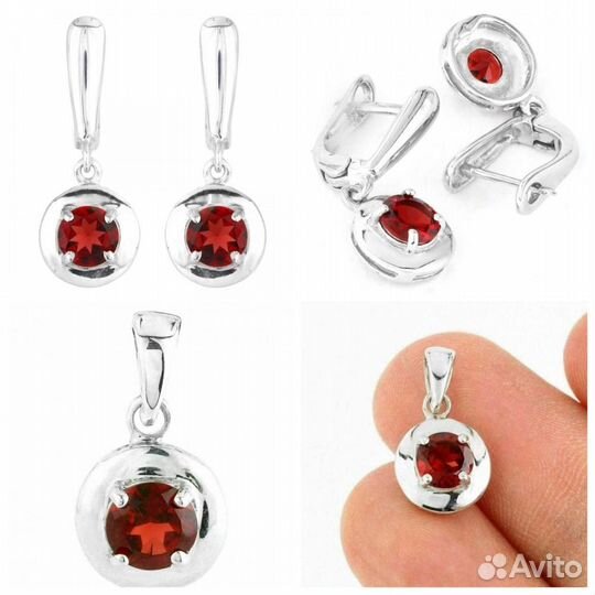 Серьги, кулон серебро гранат С372