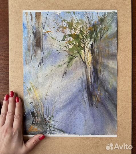 Картина Акварель свет солнце лес в раме с паспарту