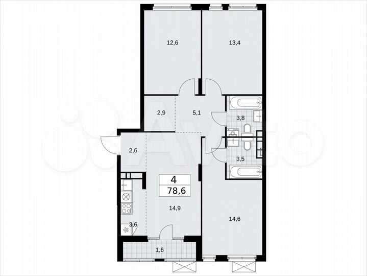 4-к. квартира, 78,6 м², 12/16 эт.