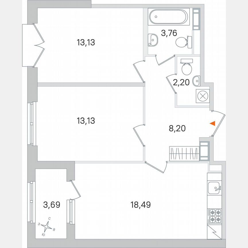2-к. квартира, 60,8 м², 2/4 эт.