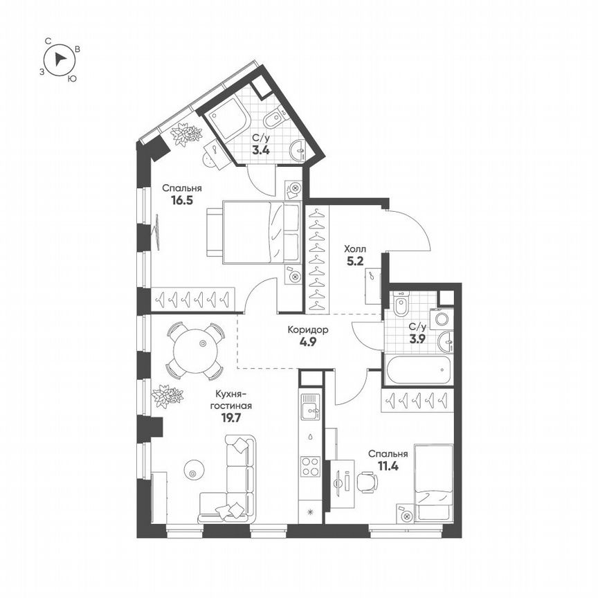 2-к. квартира, 63,3 м², 8/46 эт.