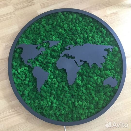 Карта мира из дерева и мха подсветка панно декор