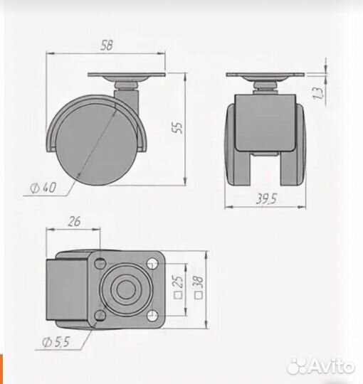 Колесо мебельное диаметр 40мм/50мм - 4 шт