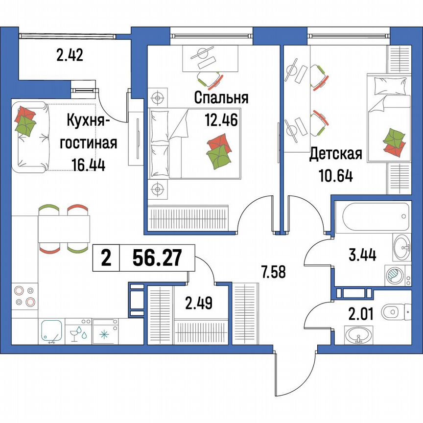 2-к. квартира, 56,3 м², 11/16 эт.