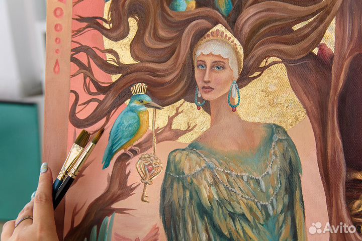 Интерьерная сказочная картина маслом с поталью