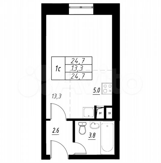 Квартира-студия, 24,7 м², 2/3 эт.