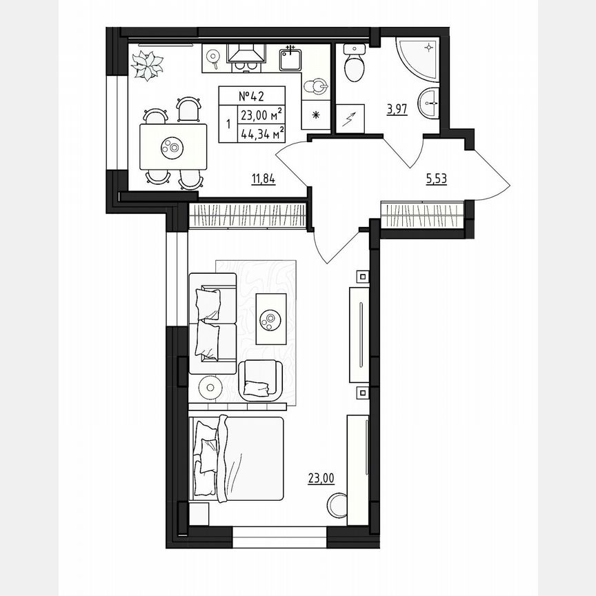 1-к. квартира, 44,3 м², 1/4 эт.