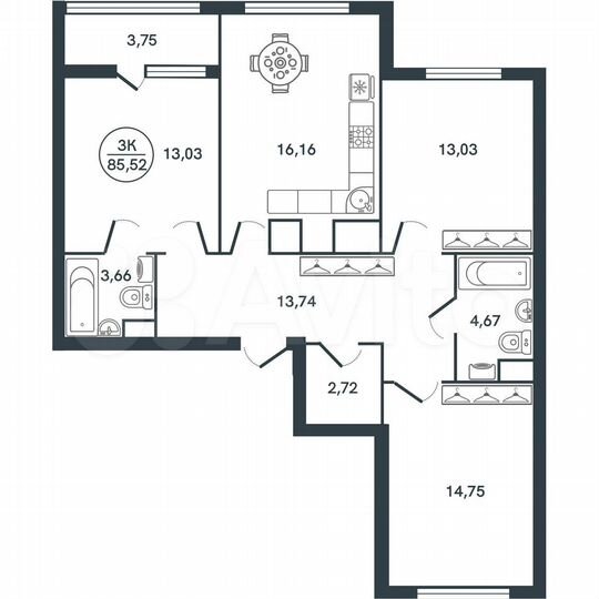 3-к. квартира, 85,5 м², 2/17 эт.