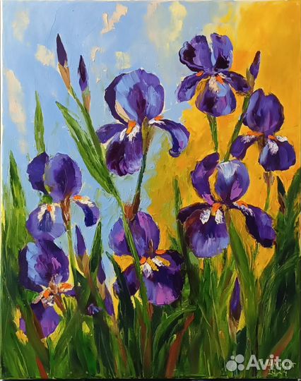 Картина маслом Ирисы. Холст на подрамнике 50х40