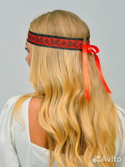 Славянское очелье из льна черно-красное В наличии