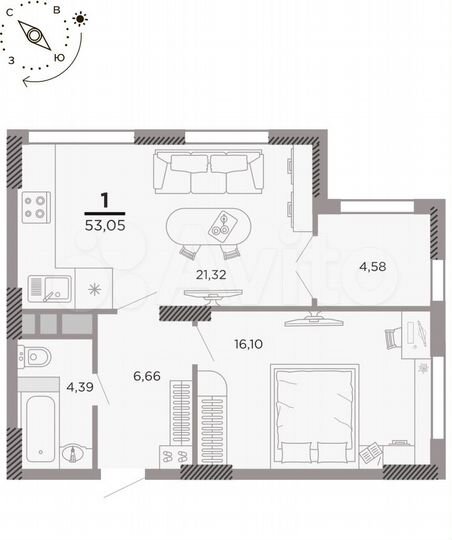1-к. квартира, 53,1 м², 2/25 эт.