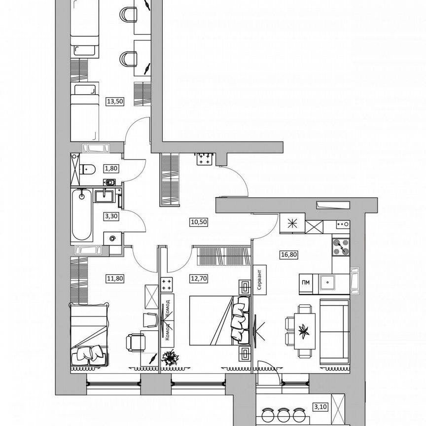 3-к. квартира, 73,4 м², 1/16 эт.