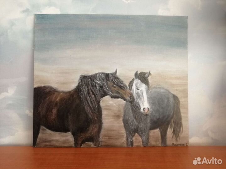 Картина маслом на холсте 30* 35см лошади 