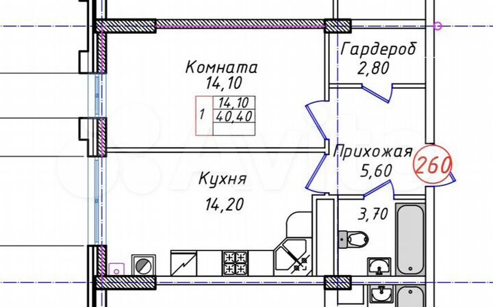 1-к. квартира, 40,4 м², 5/8 эт.