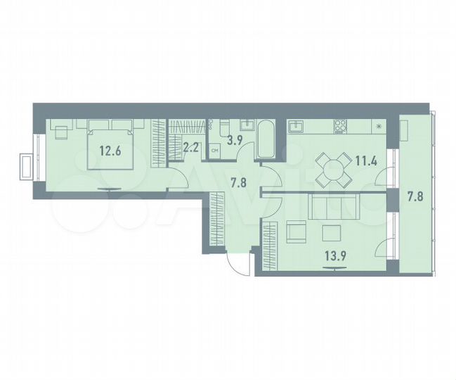 2-к. квартира, 55,7 м², 3/8 эт.