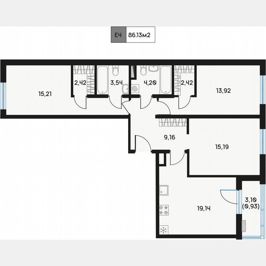 3-к. квартира, 86,5 м², 3/9 эт.