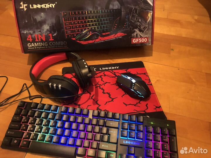 Клавиатура мышь наушники и коврик набор (новый)