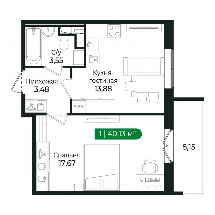 1-к. квартира, 40,1 м², 3/8 эт.