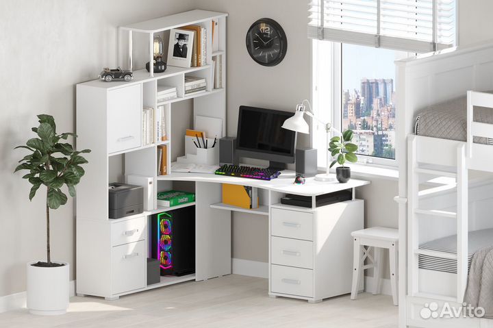 Компьютерный стол угловой с надстройкой белый