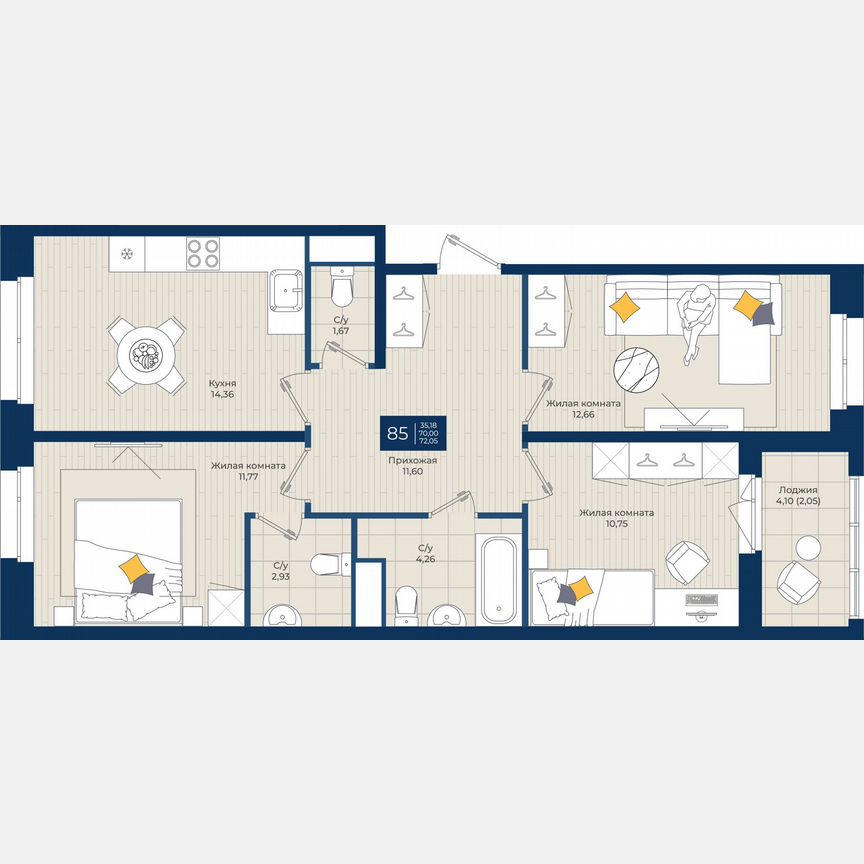 3-к. квартира, 72,1 м², 2/12 эт.