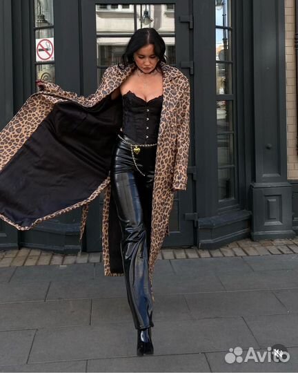 Леопардовый тренч пальто экокожа