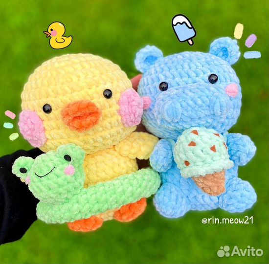Вязаные Уточка и Бегемотик